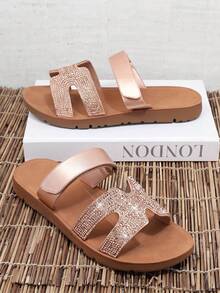 VACAZURE Women Shoes Slide Comfort Rhinestone Rose Gold Slip-On Summer Shoes - Rose Gold - View 1
