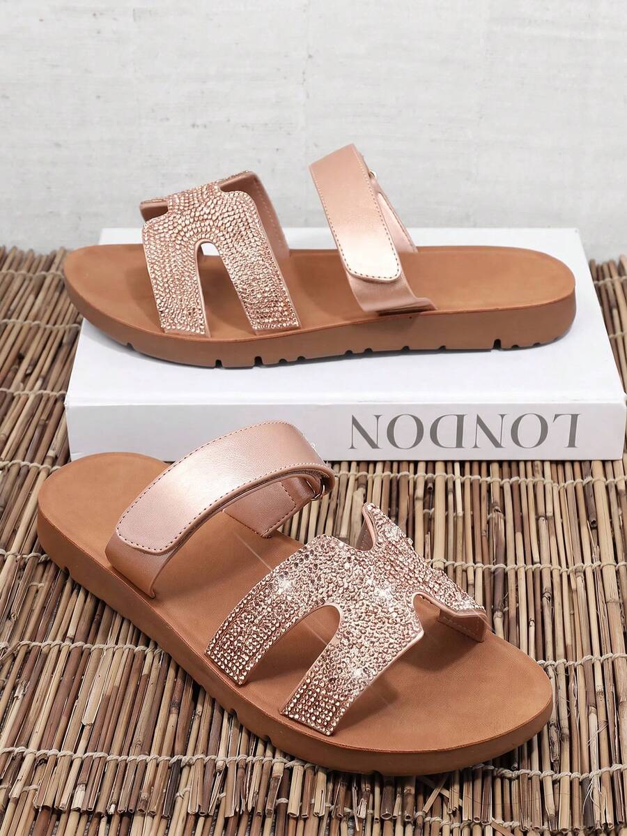 VACAZURE Women Shoes Slide Comfort Rhinestone Rose Gold Slip-On Summer Shoes - Rose Gold - View 1