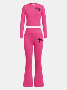 SHEIN Tween Girls Casual Street Style Solid Color Crew Neck Long Sleeve Knit Set - Hot Pink - View 3