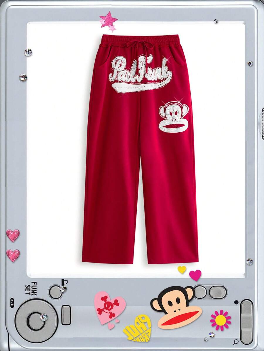 Paul Frank X ROMWE Casual Embroidered Rhinestone Plus Size Wide Leg Sweatpants - Pink - View 1