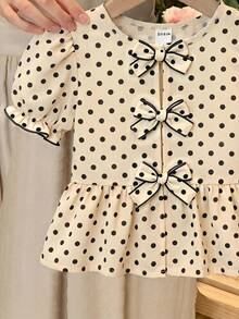 SHEIN LMoss Kids Young Girl Casual Polka Dot Round Neck Short Sleeve Pullover Top - Multicolor - View 3