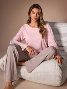 Lazeform Women's Casual Ribbed Colorblock Patchwork Raglan Sleeve Patch Decor Long Sleeve Long Pants Loungewear Set - Multicolor - View 4