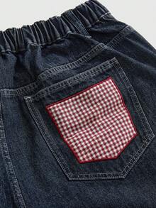 ROMWE Y2K Millennium Vintage Plaid Apple Patch Embroidery Loose Casual Low Waist Plus Size Women's Jeans - Dark Wash - View 5
