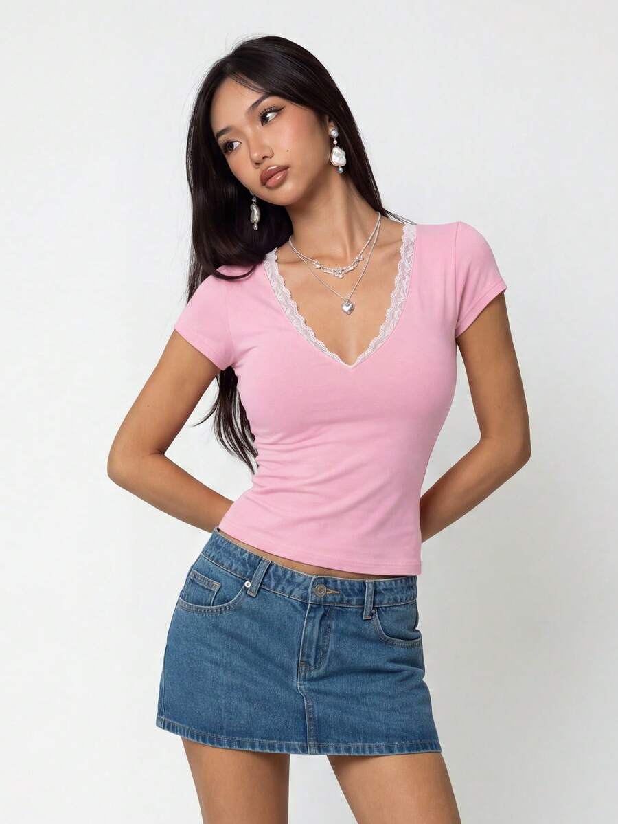 Rina Fox Áo thun nữ dáng ôm cổ chữ V tay ngắn phối ren, kiểu dáng thường ngày. - Hồng - Xem 1