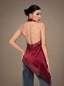 SHEIN Tall Elegant Lace Trim Backless Camisole Top, Sexy Satin Patchwork Sleeveless Blouse For Party, Cocktail, Formal Occasions, Christmas, Business Casual - Burgundy - View 1