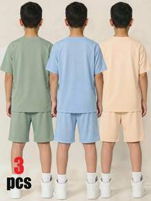 SHEIN 6件套男童舒适休闲圆领短袖T恤短裤套装，卡其色基础款上衣短裤、天蓝色基础款上衣短裤、薄荷绿基础款上衣短裤，高性价比多件套，适合外出、街拍、派对和休闲活动。 - 彩色 - 查看 4