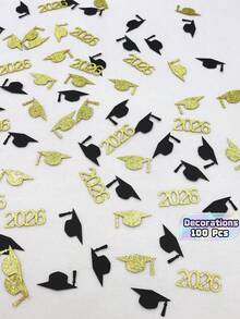 100 Pcs Black Gold 2026 Graduation Confetti With 2026 Letters And Graduation Caps, Table Scatter Confetti For 2026 Graduation Party Decorations - multicolor - View 1