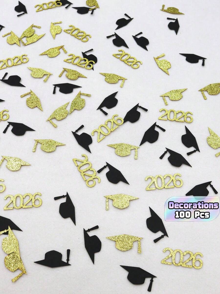 100 Pcs Black Gold 2026 Graduation Confetti With 2026 Letters And Graduation Caps, Table Scatter Confetti For 2026 Graduation Party Decorations - multicolor - View 1