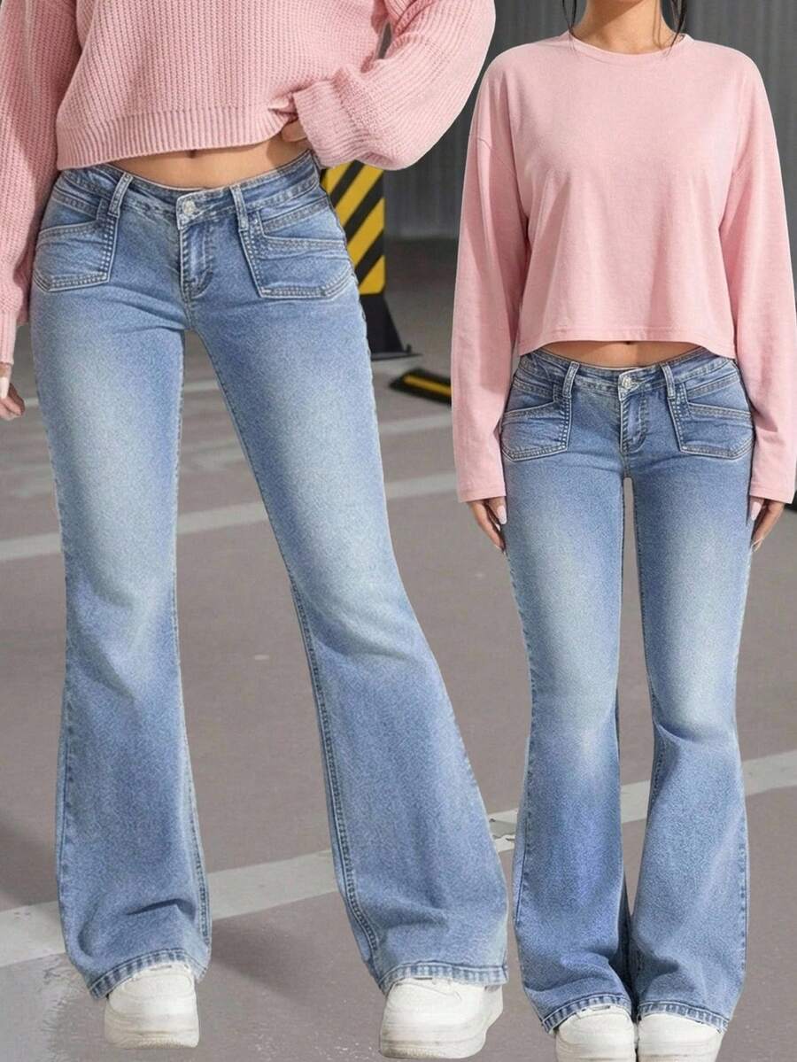 SHEIN 青少年女孩時尚休閒 Y2K 復古酷街頭返校大學口袋設計藍色丹寧低腰彈性緊身喇叭牛仔褲 青少年女孩服飾 日常穿著 冬季與秋季電音派對節慶穿搭街頭風服飾 - 藍色 - 查看 1