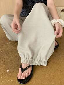 Dazy Plus Elastic Waist Solid Color Loose Lantern Pants Cropped Length Casual Vacation Spring Autumn New Long Pants - Apricot - View 6