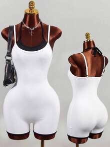 Mistrie Contrast Trim Spaghetti Strap Romper, Sexy Slim Fit Athletic Romper - Black and White - View 1