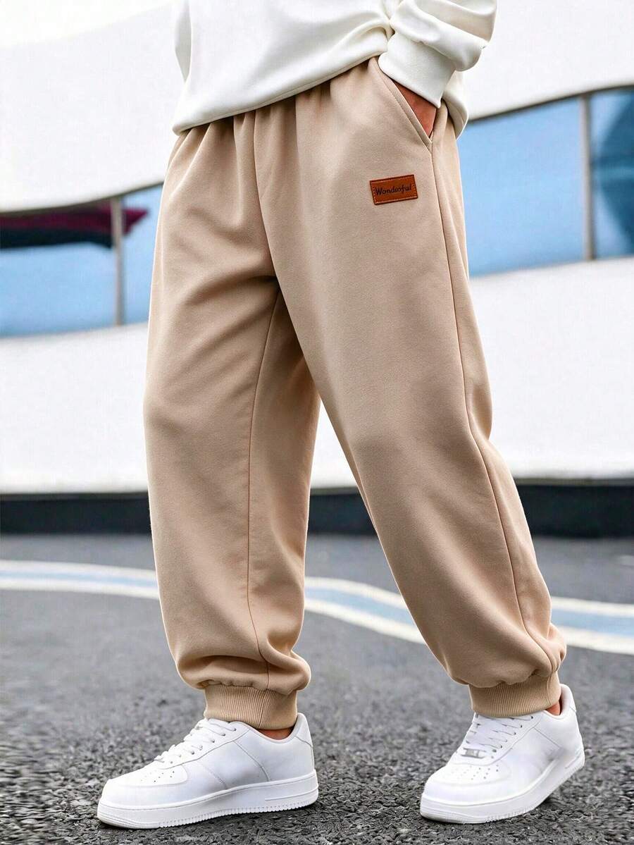 SHEIN Celana Jogging Fleece Kasual Serbaguna untuk Anak Laki-Laki - Khaki - View 1