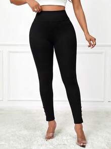 SHEIN Lady سروال ضيق كاجوال متعدد الاستخدامات بلون موحد وخصر عالي للنساء - الأسود - مشاهدة 4