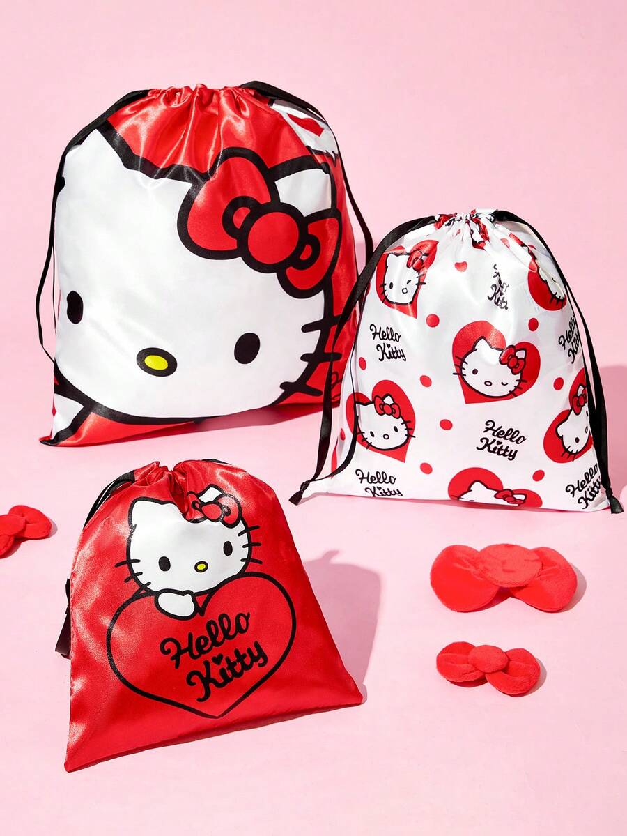 HELLO KITTY AND FRIENDS | SHEIN 緞面卡通貓抽繩收納袋 3 種尺寸,可單獨購買或成套購買,適用旅行配件收納 - 黑白紅 - 查看 1