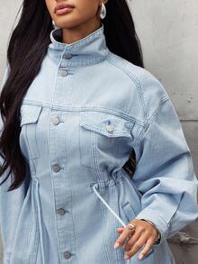 Denimoi Women's Drop Shoulder Long Sleeve Single-Breasted Casual Denim Jacket - Light Wash - View 6