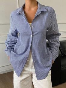 DAZY 女款條紋單排扣商務休閒長袖襯衫 - 藏蓝色 - 查看 3