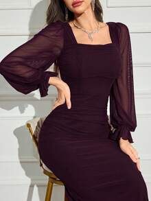 Modelyn 女款優雅純色網紗修身長洋裝，秋季長款晚禮服 - 中紫紅色 - 查看 4