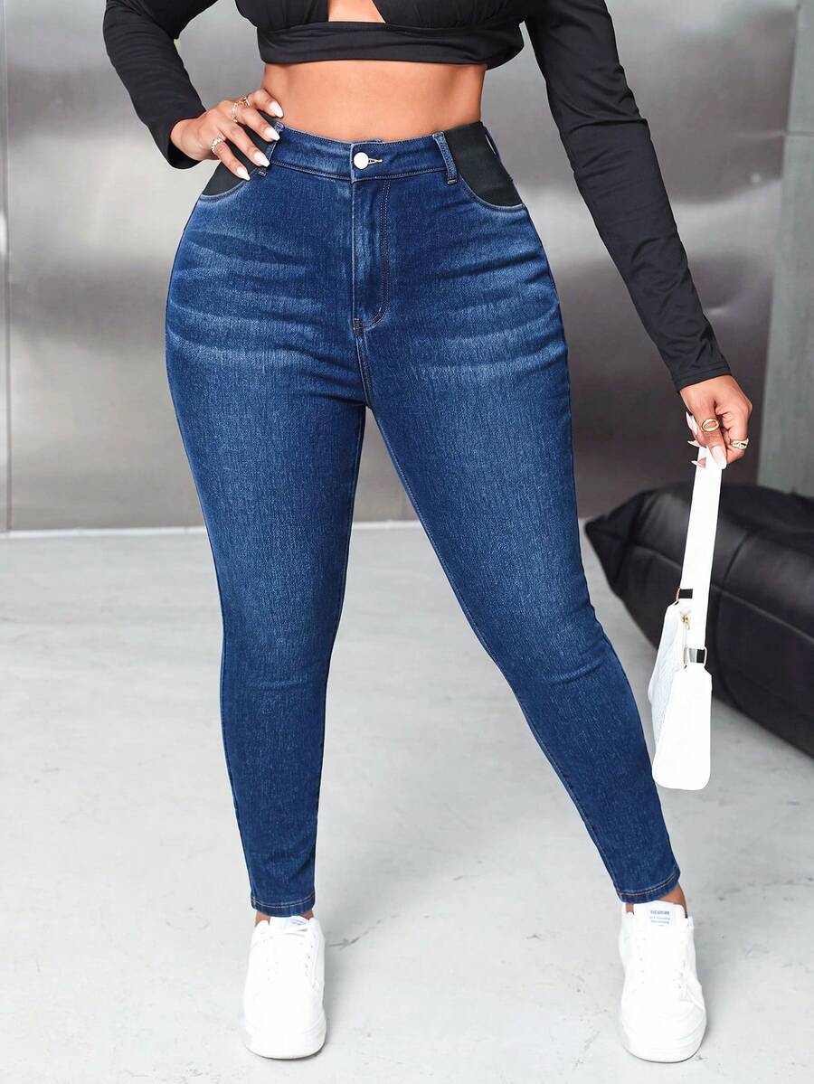 GalTyme Plus Size Women's Casual Versatile Everyday Travel Denim Jeans With Pockets And Buttons - Blue - View 1