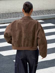 DAZY Women's Street Retro Pocket Zipper Long Sleeve Jacket Y2K Fall - Coffee Brown - View 2