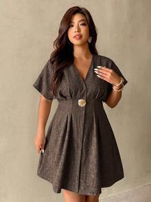 Auralis Plus Size Women's Elegant Casual Short Sleeve Dress Metal Waist Design Pleated Detail Teachers' Day Brunch Bussines Formal Office Brown Summer - Brown - View 5