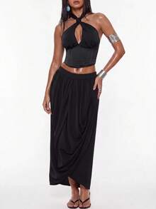 Swim Chiccia 2026 Summer New Women's Sexy Cropped Halter Pleated Bodycon Maxi Skirt Set Halloween Party Night Black - Black - View 3