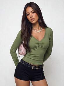 Rina Fox 女士时尚休闲优雅可爱别致条纹蕾丝拼接长袖T恤 - 綠色 - 查看 1