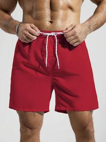 Manfinity KASUA Men's Solid Color Elastic Waist Drawstring Pocket Casual Summer Beach Shorts, Holiday - Red - View 3