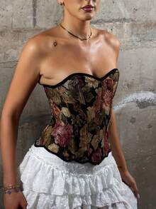 hollyjadebate Women's Medieval Retro Floral Patterned Bustier Waist Shaping Top Y2K  - Multicolor - View 4
