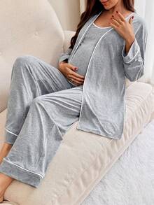 Slowluna 孕婦長袖晨袍與細肩帶連身褲哺乳兩件套 秋季 - 灰色 - 查看 7