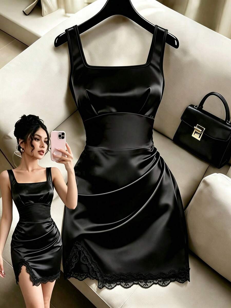 SHEIN Franclia Fashion Fitted Square Neck Sleeveless Pleated Hem Slit Contrast Lace Women's Dress - Black - View 1