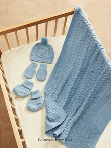 Infant Twisted Knitted Swaddle Set, Twist Textured Baby Blanket With Hairball Hat, Anti-Grab Gloves, Foot Socks, Four-Piece Set, Full Moon One-Year-Ol - Multicolor - View 5