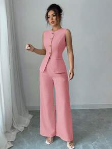 SHEIN Raffinéa 女款法式優雅度假休閒通勤金色花朵鈕扣套裝 - 粉色 - 查看 3