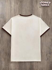 LOONEY TUNES X SHEIN OlaRiff Casual Fashion Funny Cartoon Squad Graphic Print Beige Cuff Patchwork T-Shirt College Off Campus Summer - Beige - View 4