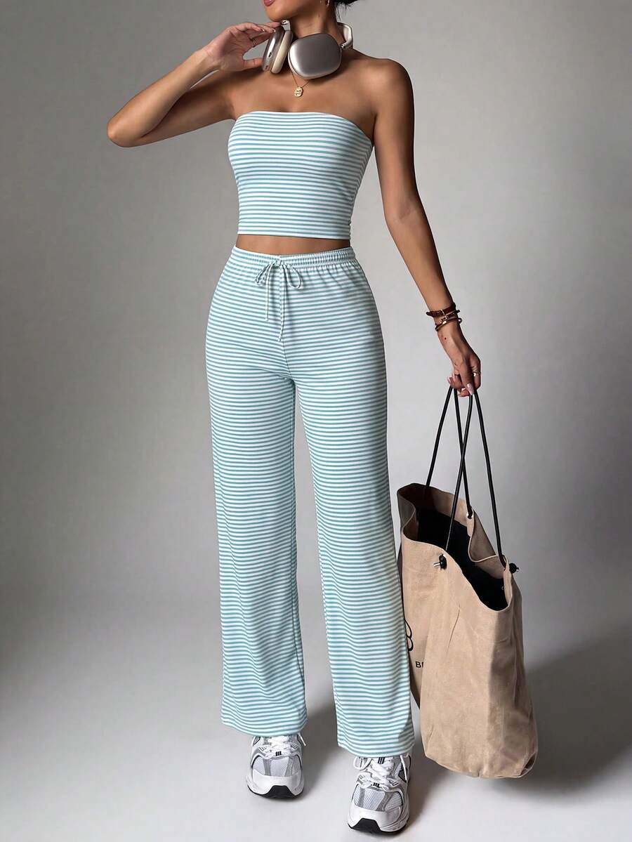 Dewbera Dewbera Women's Striped Bandeau Top & Pants Sports Set - Multicolor - View 1