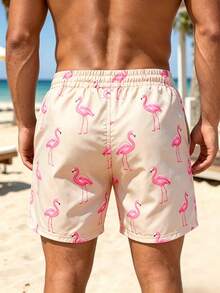 CoralVoy Men's Flamingo Print Drawstring Waist Casual Beach Shorts - Coral Pink - View 2