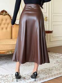 DAZY Rok Panjang Wanita Model A-Line Bahan Kulit Warna Polos dengan Hiasan Kancing dan Pinggang Tinggi untuk Musim Gugur/Dingin - Coffee Brown - View 2
