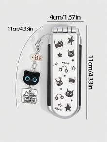 ROMWE 1件套可爱黑猫折叠梳子和镜子套装，返校季安全气囊梳子，DIY便携式梳子镜，Y2K风格星形装饰小梳子 - 淺灰黑 - 查看 2