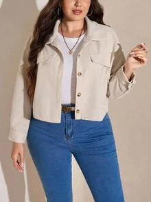 SHEIN LUNE Plus Size Fall Clothes Women Solid Color Minimalist Business Casual Long Sleeve Jacket Jackets Winter Autumn Back-To-School Office - Beige - View 5