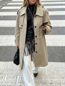 SHEIN PariChic Khaki Mid-Length Trench Coat For Women, Autumn Loose Fit Raglan Sleeve Peter Collar Minimalist Commute Single-Breasted Overcoat/Daily/Casual Solid Color Trench Jacket - Khaki - View 3