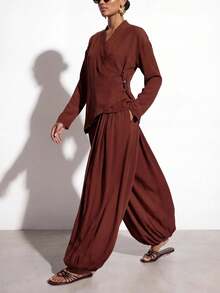 Zivah Elegant Chinese Style Long Sleeve Top With Frog Button Design + Lantern Pants 2 Pieces Set - Brown - View 2