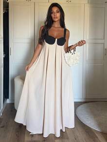 Ronhire Summer Elegant Black And Beige Holiday Vacation Holiday Dress,Women's Backless Spaghetti Strap Pleated Waist Loose Evening Party Wedding Dress - Khaki - View 2