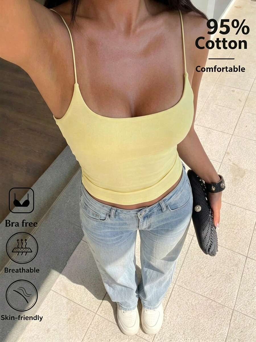 FavEase Camiseta sin mangas blanca de mujer con pliegues versátil y casual - Amarillo claro - Ver 1