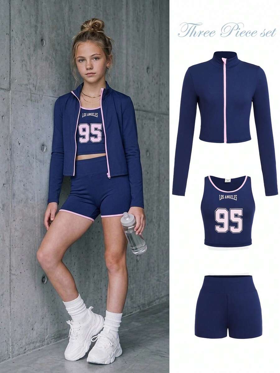 Tween Girls Tween Girl Digital Print Knit Sportswear 3-Piece Set, Comfortable Versatile Daily Sports Outfit, New Autumn Style - Blue - View 1