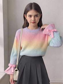 SHEIN Tween Girl Knit Gradient Round Neck Bell Sleeve Loose Casual Sweater Fall/Winter - Multicolor - View 2