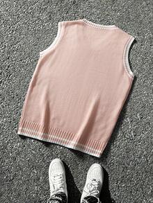 Manfinity CasualKnits 男士條紋V領休閒百搭針織背心 - 珊瑚粉 - 查看 2