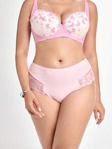 Slumbrini 1pc Plus Size Women's Lace Patchwork Underwear - Pink - View 5