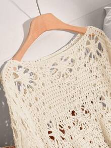 CosyJoli Plus Size Women Solid Color Hollow Out Loose Casual Pullover Sweater Fall - Beige - View 5
