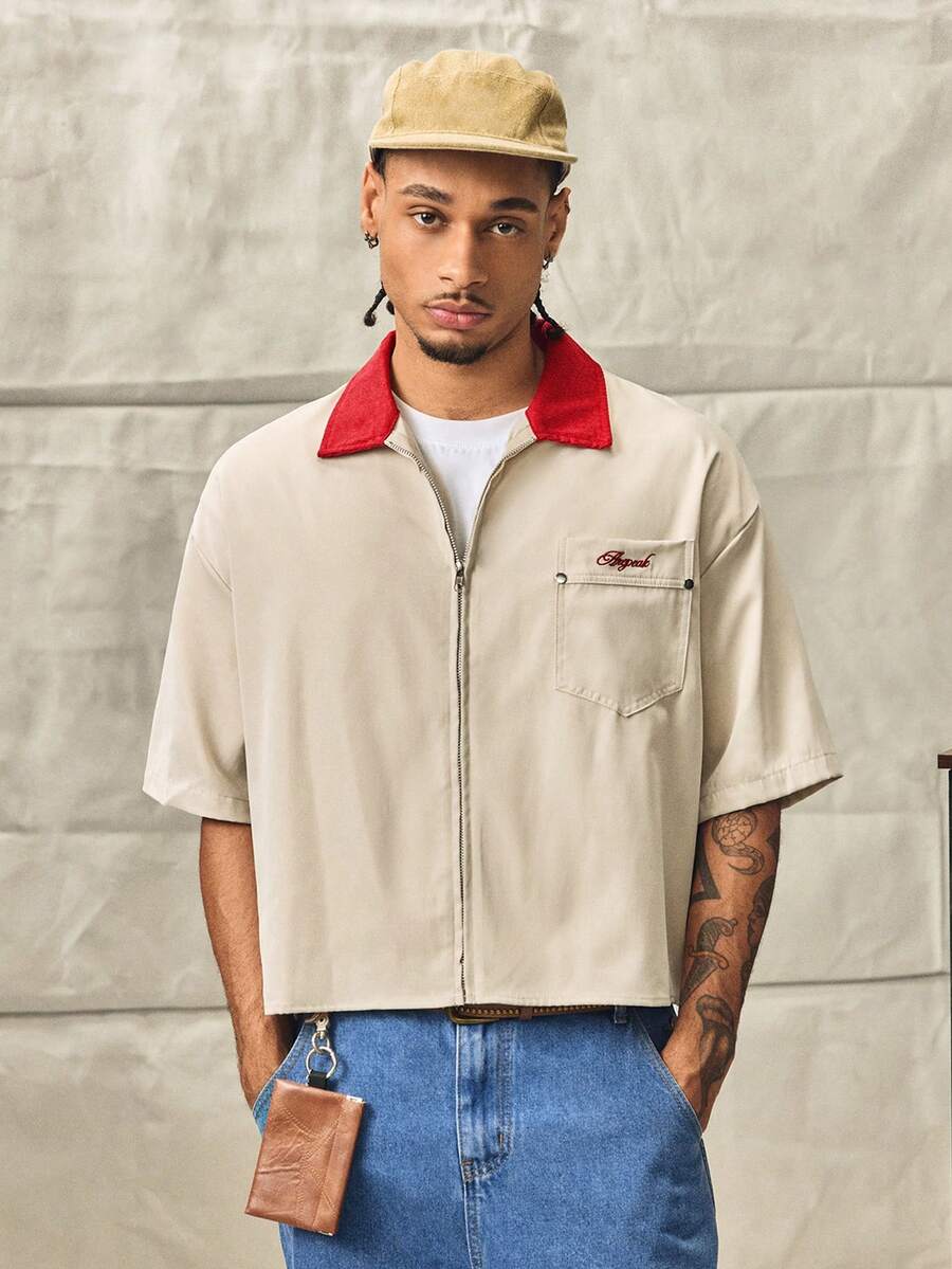 Norleigh Men's Letter Pattern Short Sleeve Zipper Placket Casual Shirt - Apricot - View 1