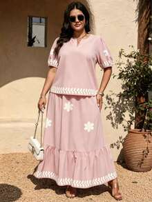 Breezaya Conjunto de 2 piezas de blusa de manga corta y falda con adorno floral, de tela tejida, cómodo y casual, para primavera temprana, en talla grande, color azul claro - Rosa Pálido - Ver 3