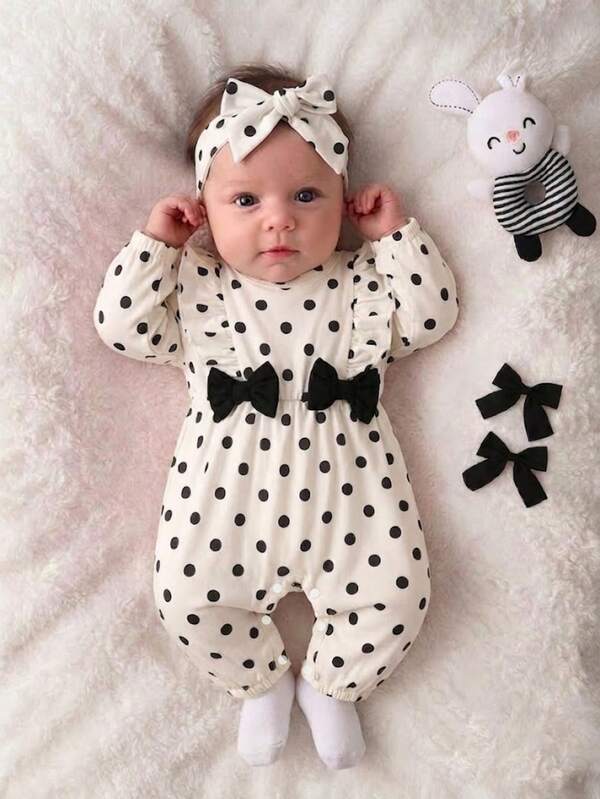 SHEIN Newborn Baby Girl Polka Dot Print Ruffle Trim Bow Front Bodysuit With Headband, Autumn